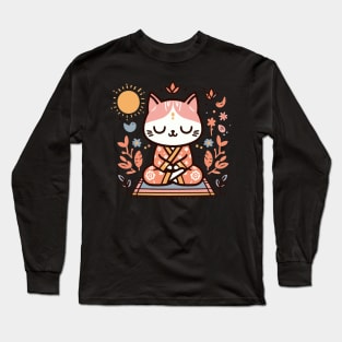 Zen Kitty in Floral Kimono Meditating Cat Long Sleeve T-Shirt